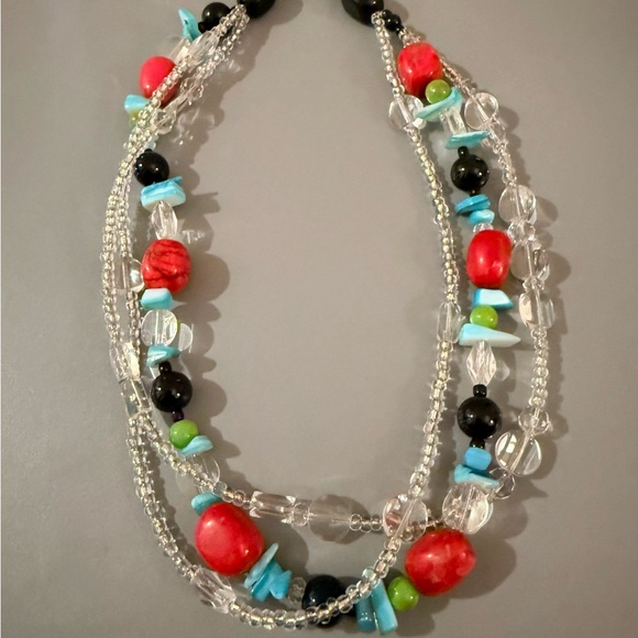 Statement Natural Gemstone and Glass Triple Strand Necklace LIKE NEW - Picture 3 of 5